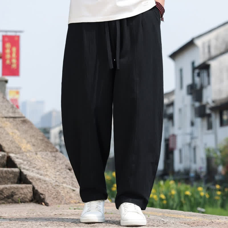 Buddha Stones Summer Casual Minimalist Drawstring Solid Cotton Long Pants Men's Harem Pants With Pocket