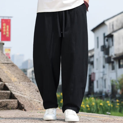 Buddha Stones Summer Casual Minimalist Drawstring Solid Cotton Long Pants Men's Harem Pants With Pocket