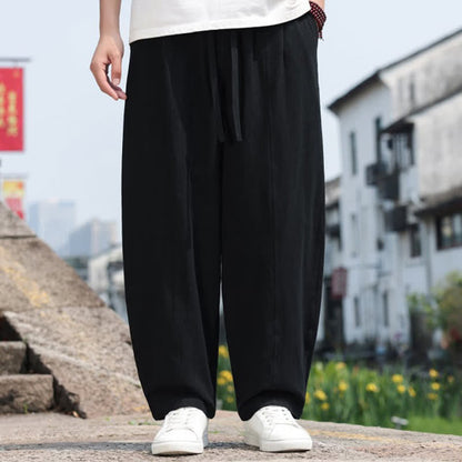 Buddha Stones Summer Casual Minimalist Drawstring Solid Cotton Long Pants Men's Harem Pants With Pocket
