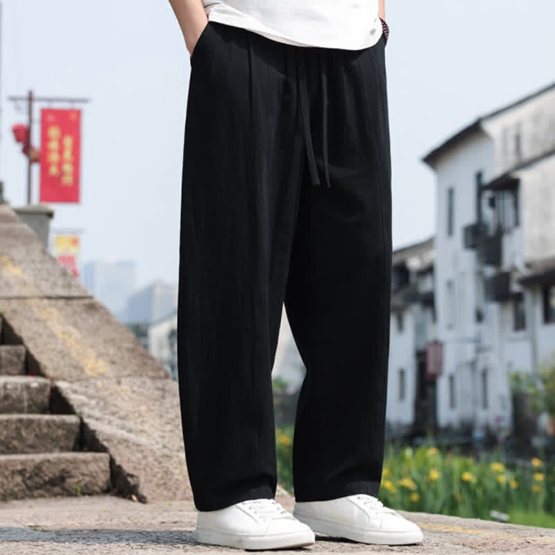 Buddha Stones Summer Casual Minimalist Drawstring Solid Cotton Long Pants Men's Harem Pants With Pocket