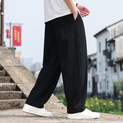 Buddha Stones Summer Casual Minimalist Drawstring Solid Cotton Long Pants Men's Harem Pants With Pocket