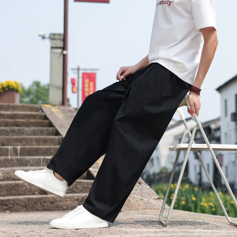 Buddha Stones Summer Casual Minimalist Drawstring Solid Cotton Long Pants Men's Harem Pants With Pocket