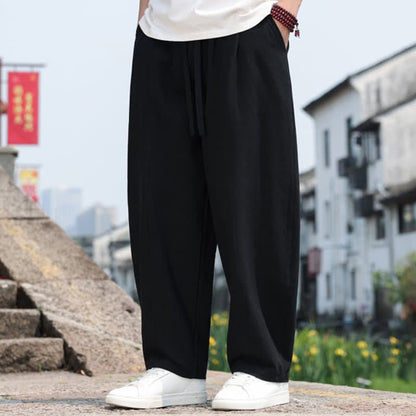 Buddha Stones Summer Casual Minimalist Drawstring Solid Cotton Long Pants Men's Harem Pants With Pocket