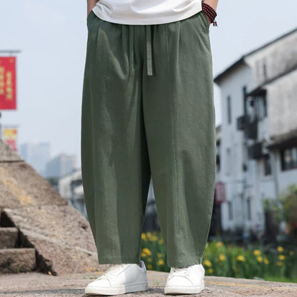 Buddha Stones Summer Casual Minimalist Drawstring Solid Cotton Long Pants Men's Harem Pants With Pocket