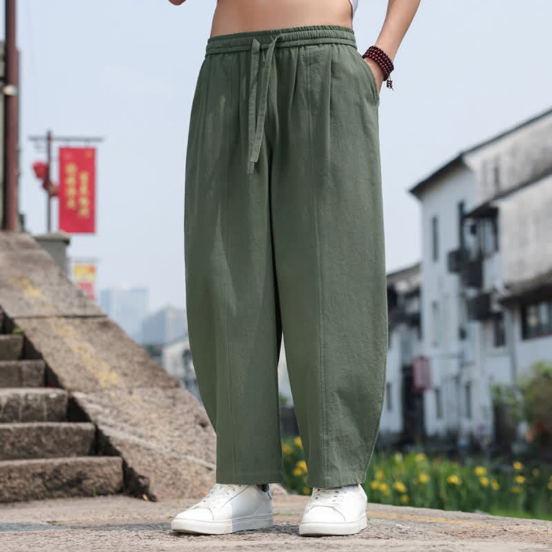 Buddha Stones Summer Casual Minimalist Drawstring Solid Cotton Long Pants Men's Harem Pants With Pocket
