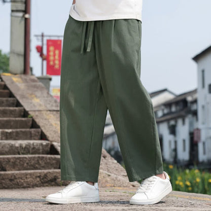 Buddha Stones Summer Casual Minimalist Drawstring Solid Cotton Long Pants Men's Harem Pants With Pocket
