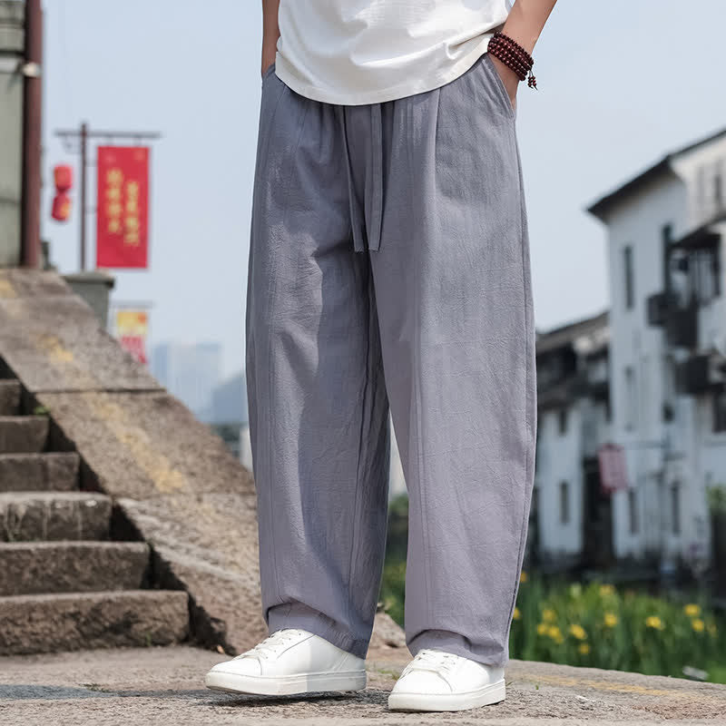 Buddha Stones Summer Casual Minimalist Drawstring Solid Cotton Long Pants Men's Harem Pants With Pocket