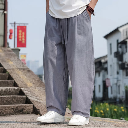 Buddha Stones Summer Casual Minimalist Drawstring Solid Cotton Long Pants Men's Harem Pants With Pocket