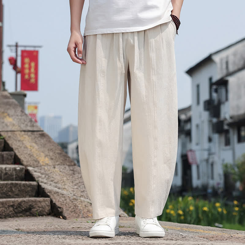 Buddha Stones Summer Casual Minimalist Drawstring Solid Cotton Long Pants Men's Harem Pants With Pocket