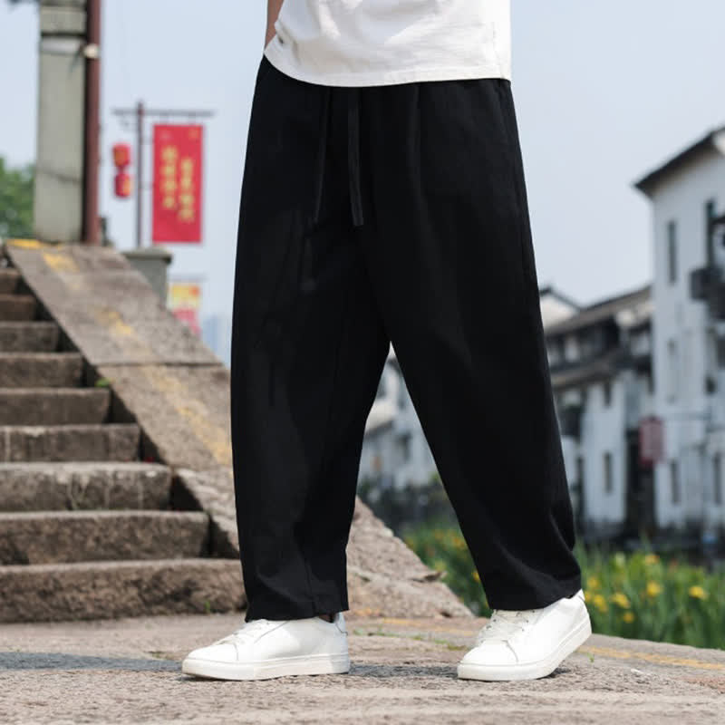 Buddha Stones Summer Casual Minimalist Drawstring Solid Cotton Long Pants Men's Harem Pants With Pocket