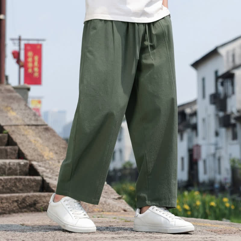 Buddha Stones Summer Casual Minimalist Drawstring Solid Cotton Long Pants Men's Harem Pants With Pocket