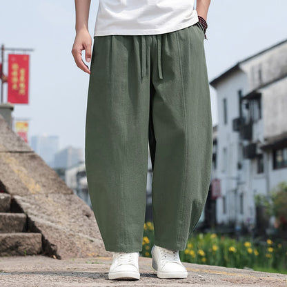 Buddha Stones Summer Casual Minimalist Drawstring Solid Cotton Long Pants Men's Harem Pants With Pocket