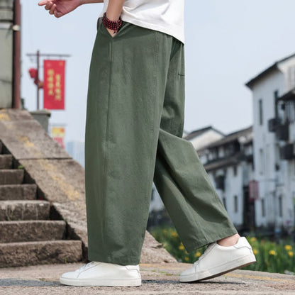 Buddha Stones Summer Casual Minimalist Drawstring Solid Cotton Long Pants Men's Harem Pants With Pocket