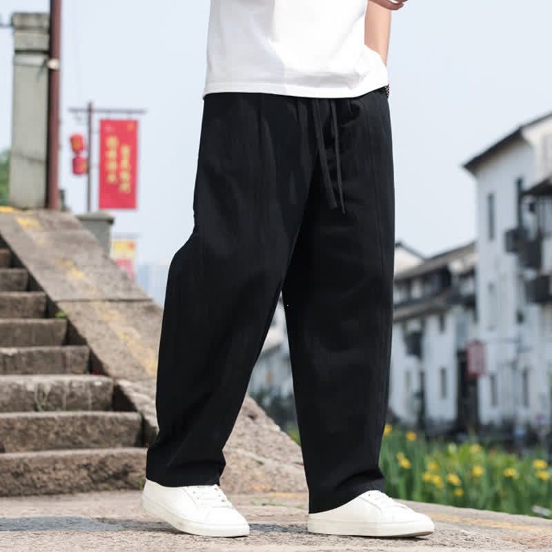 Buddha Stones Summer Casual Minimalist Drawstring Solid Cotton Long Pants Men's Harem Pants With Pocket