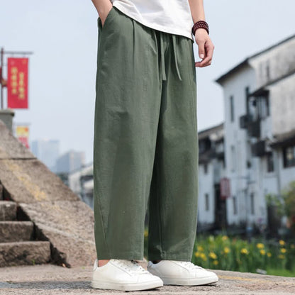 Buddha Stones Summer Casual Minimalist Drawstring Solid Cotton Long Pants Men's Harem Pants With Pocket