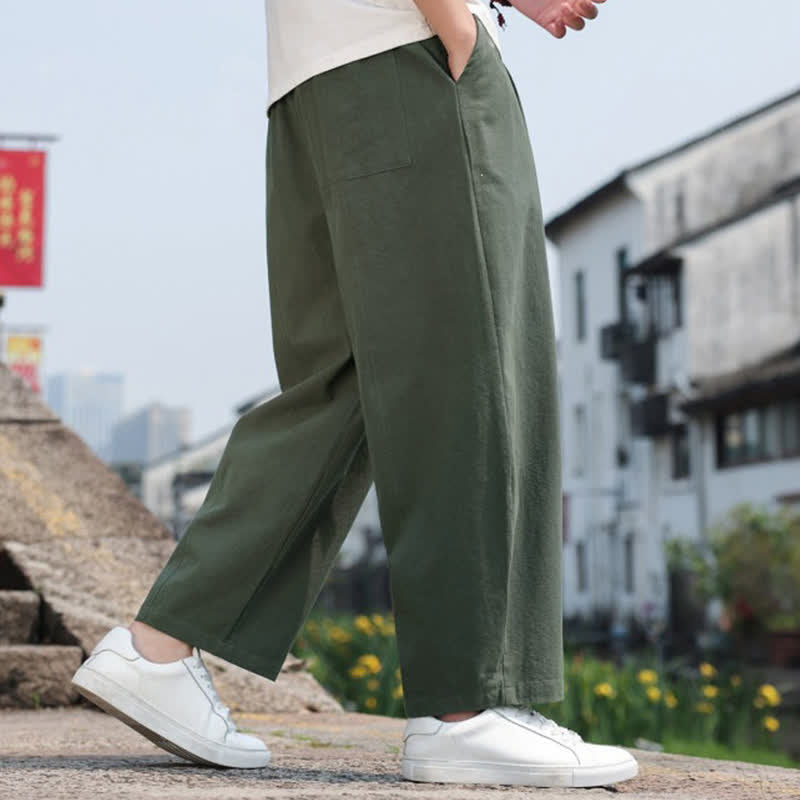 Buddha Stones Summer Casual Minimalist Drawstring Solid Cotton Long Pants Men's Harem Pants With Pocket