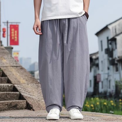 Buddha Stones Summer Casual Minimalist Drawstring Solid Cotton Long Pants Men's Harem Pants With Pocket