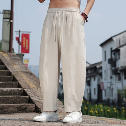Buddha Stones Summer Casual Minimalist Drawstring Solid Cotton Long Pants Men's Harem Pants With Pocket