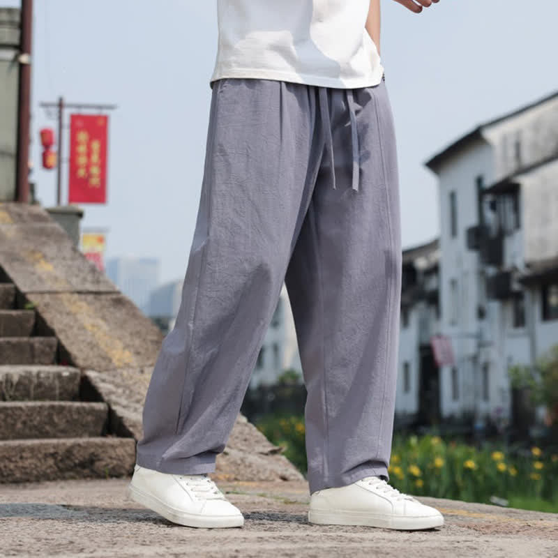 Buddha Stones Summer Casual Minimalist Drawstring Solid Cotton Long Pants Men's Harem Pants With Pocket