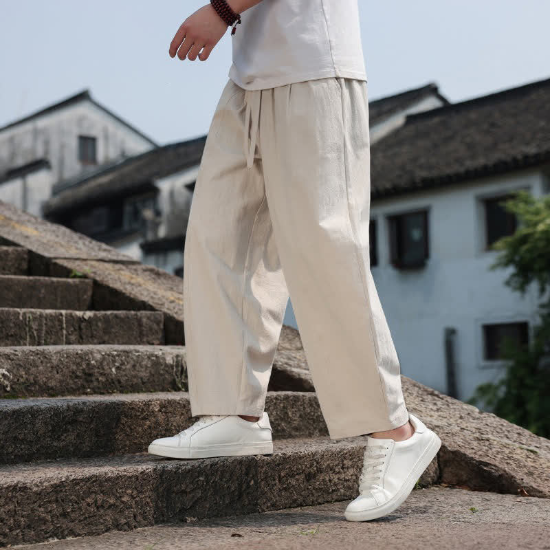 Buddha Stones Summer Casual Minimalist Drawstring Solid Cotton Long Pants Men's Harem Pants With Pocket