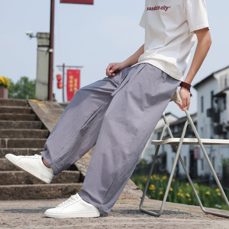 Buddha Stones Summer Casual Minimalist Drawstring Solid Cotton Long Pants Men's Harem Pants With Pocket