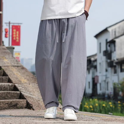 Buddha Stones Summer Casual Minimalist Drawstring Solid Cotton Long Pants Men's Harem Pants With Pocket