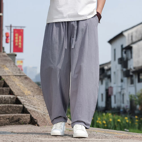 Buddha Stones Summer Casual Minimalist Drawstring Solid Cotton Long Pants Men's Harem Pants With Pocket
