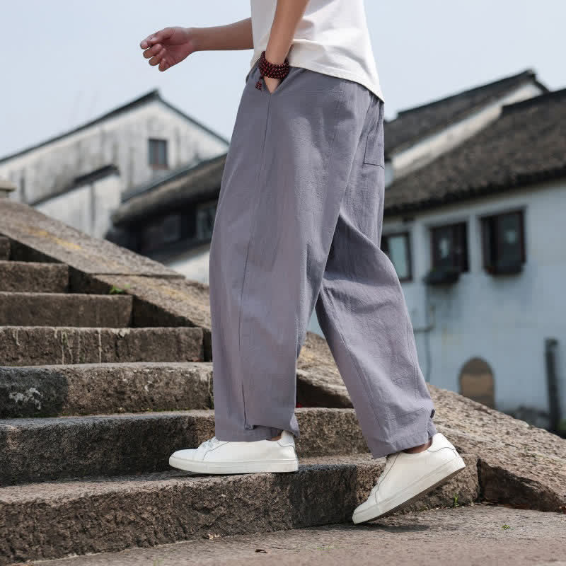 Buddha Stones Summer Casual Minimalist Drawstring Solid Cotton Long Pants Men's Harem Pants With Pocket
