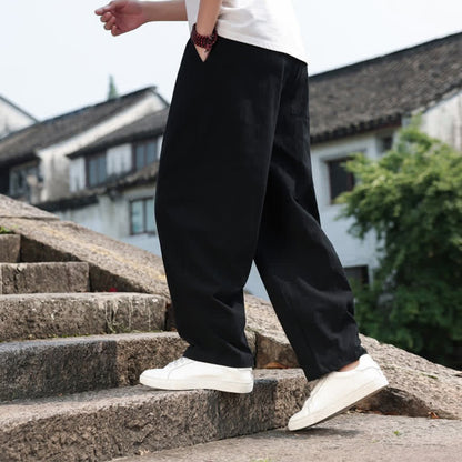 Buddha Stones Summer Casual Minimalist Drawstring Solid Cotton Long Pants Men's Harem Pants With Pocket