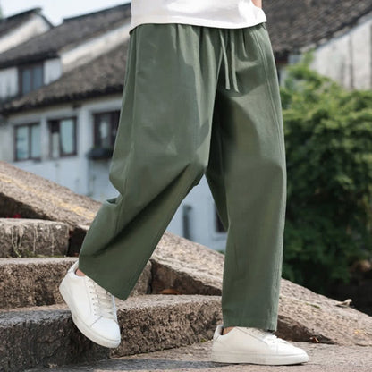 Buddha Stones Summer Casual Minimalist Drawstring Solid Cotton Long Pants Men's Harem Pants With Pocket