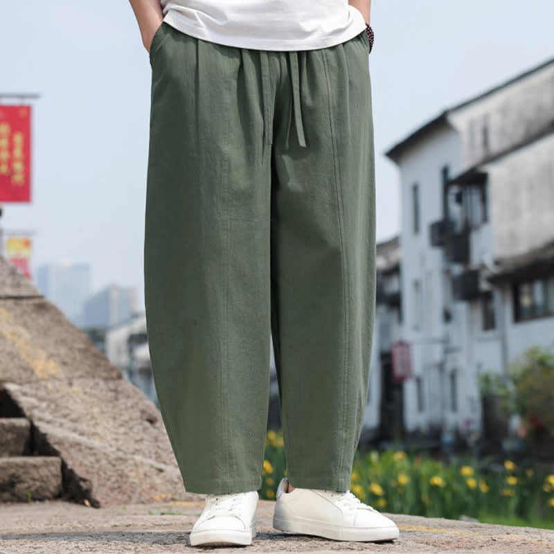 Buddha Stones Summer Casual Minimalist Drawstring Solid Cotton Long Pants Men's Harem Pants With Pocket