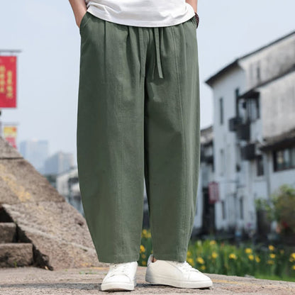 Buddha Stones Summer Casual Minimalist Drawstring Solid Cotton Long Pants Men's Harem Pants With Pocket