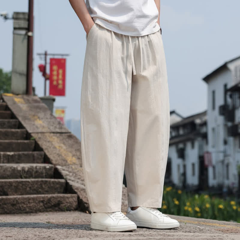 Buddha Stones Summer Casual Minimalist Drawstring Solid Cotton Long Pants Men's Harem Pants With Pocket