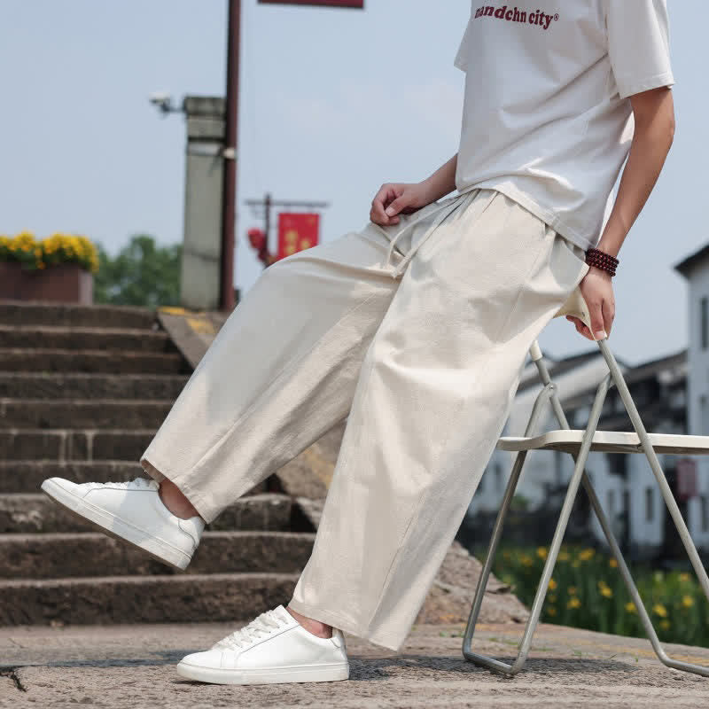 Buddha Stones Summer Casual Minimalist Drawstring Solid Cotton Long Pants Men's Harem Pants With Pocket