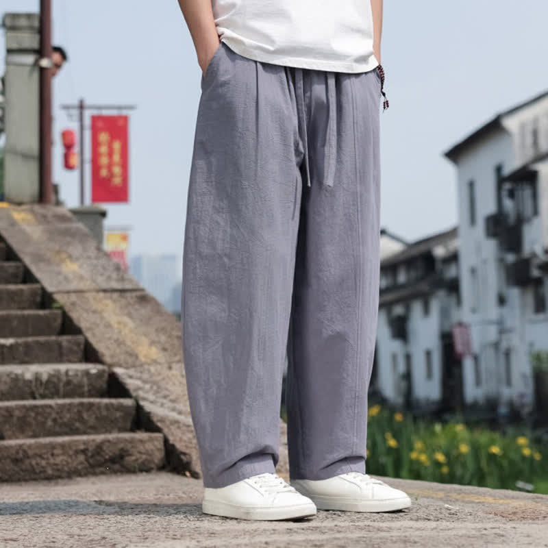 Buddha Stones Summer Casual Minimalist Drawstring Solid Cotton Long Pants Men's Harem Pants With Pocket