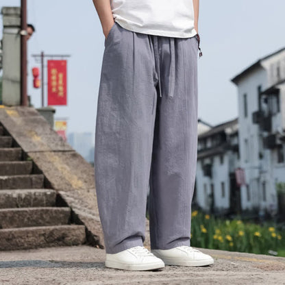 Buddha Stones Summer Casual Minimalist Drawstring Solid Cotton Long Pants Men's Harem Pants With Pocket