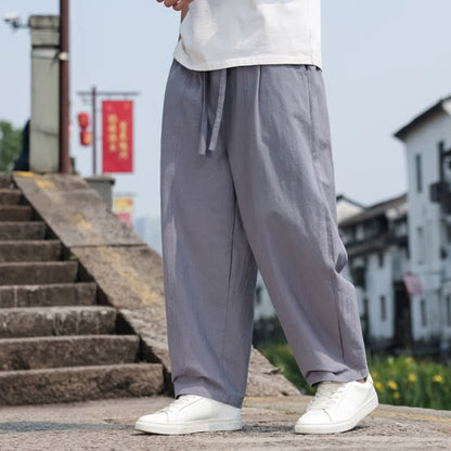 Buddha Stones Summer Casual Minimalist Drawstring Solid Cotton Long Pants Men's Harem Pants With Pocket
