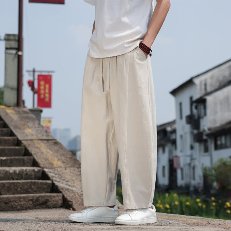 Buddha Stones Summer Casual Minimalist Drawstring Solid Cotton Long Pants Men's Harem Pants With Pocket