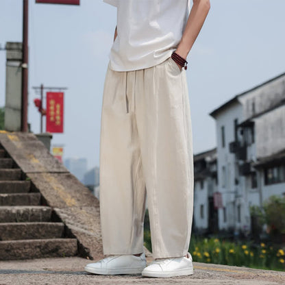 Buddha Stones Summer Casual Minimalist Drawstring Solid Cotton Long Pants Men's Harem Pants With Pocket