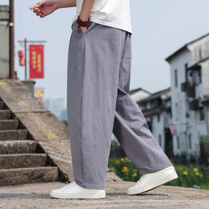 Buddha Stones Summer Casual Minimalist Drawstring Solid Cotton Long Pants Men's Harem Pants With Pocket