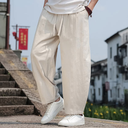 Buddha Stones Summer Casual Minimalist Drawstring Solid Cotton Long Pants Men's Harem Pants With Pocket