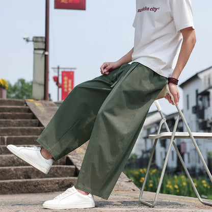Buddha Stones Summer Casual Minimalist Drawstring Solid Cotton Long Pants Men's Harem Pants With Pocket