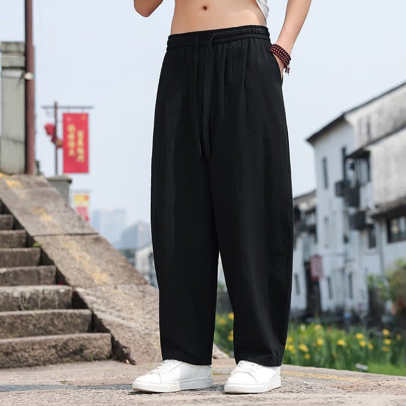 Buddha Stones Summer Casual Minimalist Drawstring Solid Cotton Long Pants Men's Harem Pants With Pocket