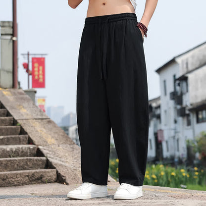 Buddha Stones Summer Casual Minimalist Drawstring Solid Cotton Long Pants Men's Harem Pants With Pocket