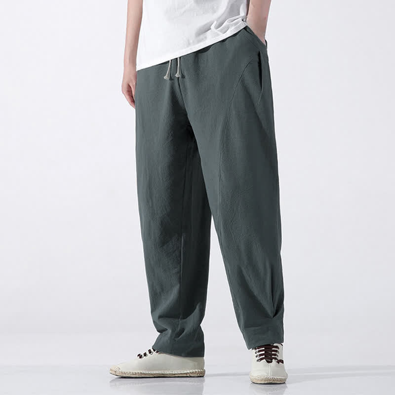 Buddha Stones Summer Casual Minimalist Drawstring Solid Cotton Cropped Pants Men's Harem Pants With Pocket