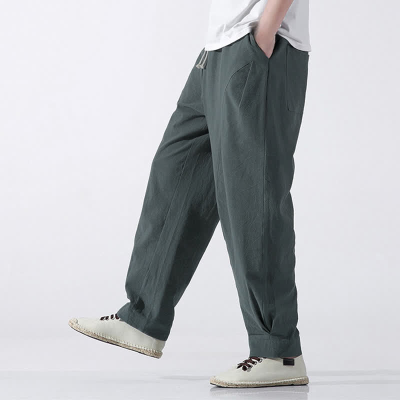 Buddha Stones Summer Casual Minimalist Drawstring Solid Cotton Cropped Pants Men's Harem Pants With Pocket