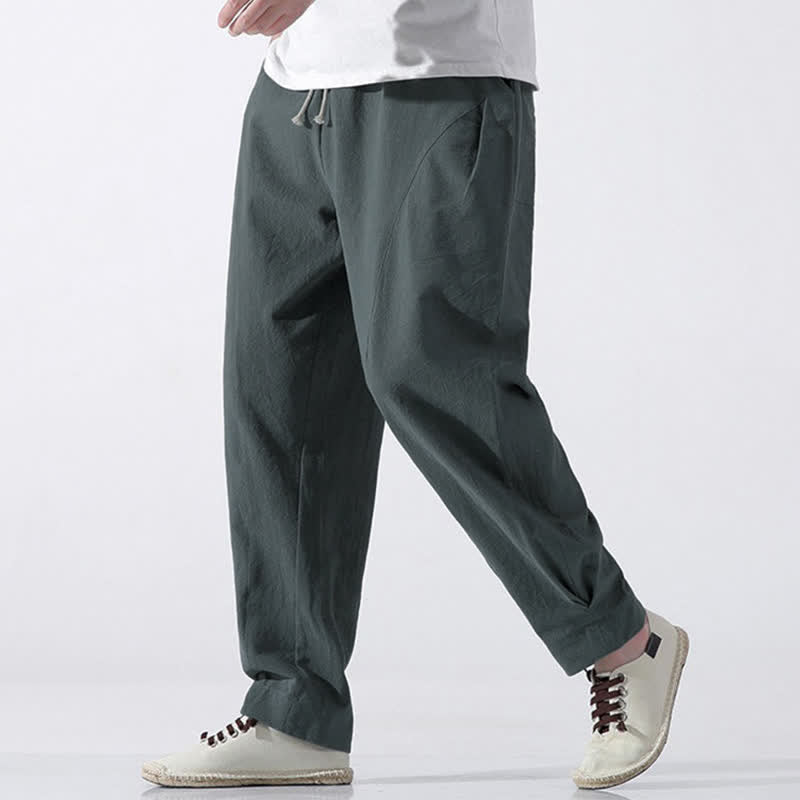 Buddha Stones Summer Casual Minimalist Drawstring Solid Cotton Cropped Pants Men's Harem Pants With Pocket
