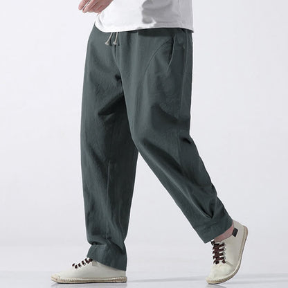 Buddha Stones Summer Casual Minimalist Drawstring Solid Cotton Cropped Pants Men's Harem Pants With Pocket