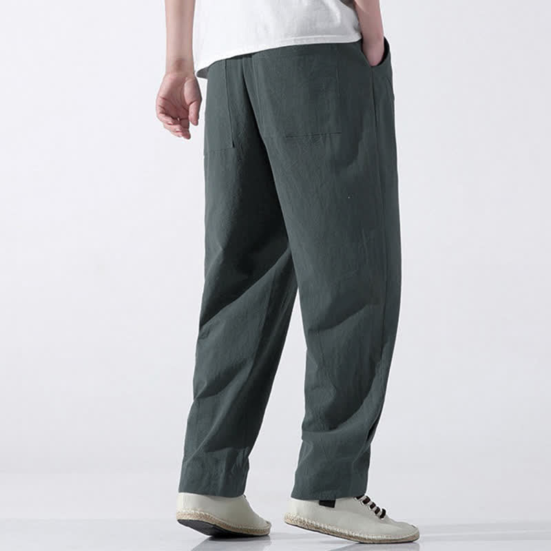 Buddha Stones Summer Casual Minimalist Drawstring Solid Cotton Cropped Pants Men's Harem Pants With Pocket
