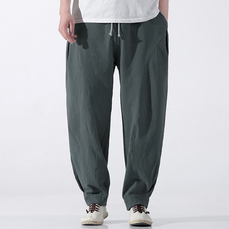 Buddha Stones Summer Casual Minimalist Drawstring Solid Cotton Cropped Pants Men's Harem Pants With Pocket